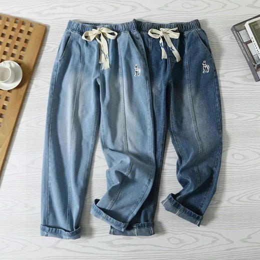 【 时尚休闲！帅气一族！】HAZZYS（哈吉斯）春夏季新款阔腿牛仔裤！水洗磨白工艺，猎犬小徽标！ 商品图0