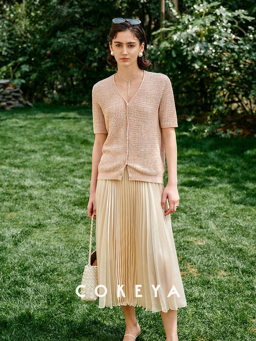 幻彩羽鳞衫康宝莱亚麻珠片宽松V领短袖针织衫 商品图5