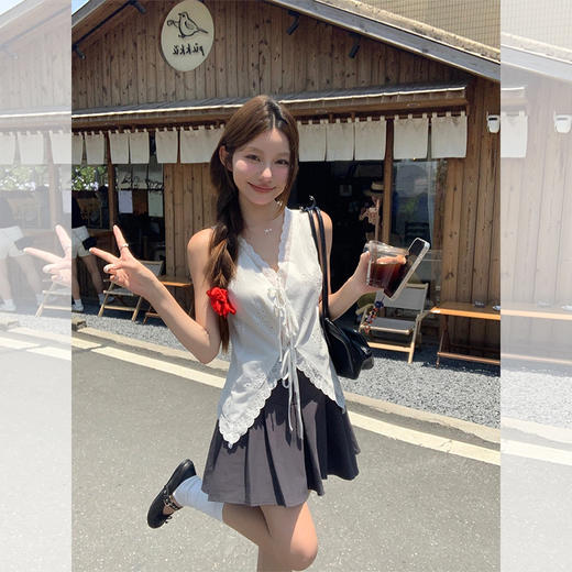 西遇蕾丝花边上衣女夏季新款法式拼接系带v领无袖背心衬衣SS050959 商品图3