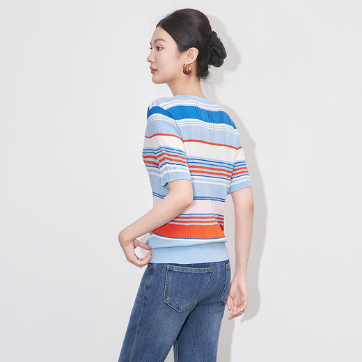 「高货wl」全新升级【铂金会员220/天猫299/差价79】(04637) 洛诗琳冰丝彩虹条16针密织宽条超细兰精天丝针织T恤上衣 商品图1