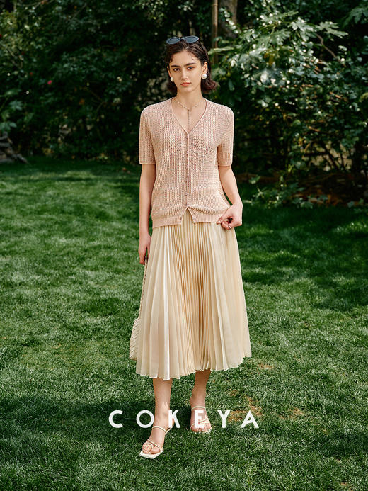 幻彩羽鳞衫康宝莱亚麻珠片宽松V领短袖针织衫 商品图6