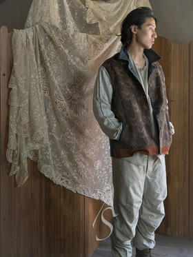 By Walid  靛蓝古董提花面料双面短夹克