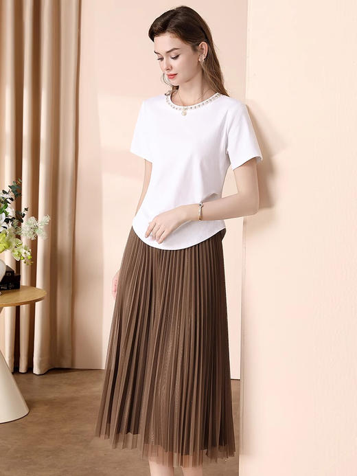 「自」全新升级【铂金会员100/天猫139/差价39】(62844)洛诗琳设计感白色休闲短袖T恤女2025夏季新款气质钉珠百搭显瘦上衣 商品图2