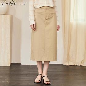 VIVIAN LIU V2514002 初春新款系扣腰头明线褶裥口袋开衩直筒半裙