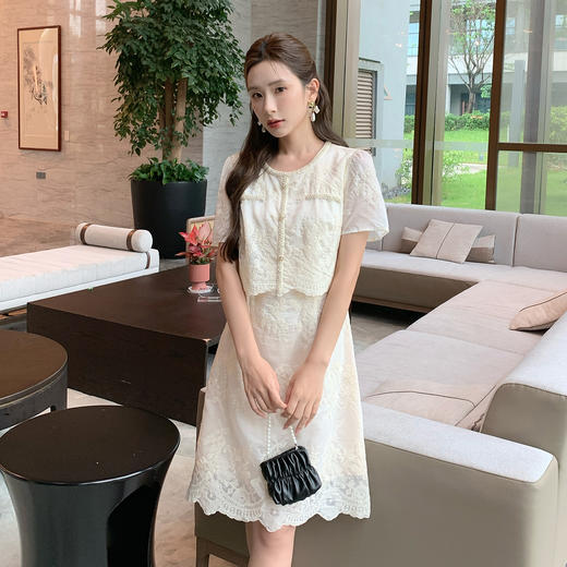 奢姿大码女装2025夏季气质蕾丝提花假两件连衣裙胖妹妹小香风裙子9952853119 商品图4