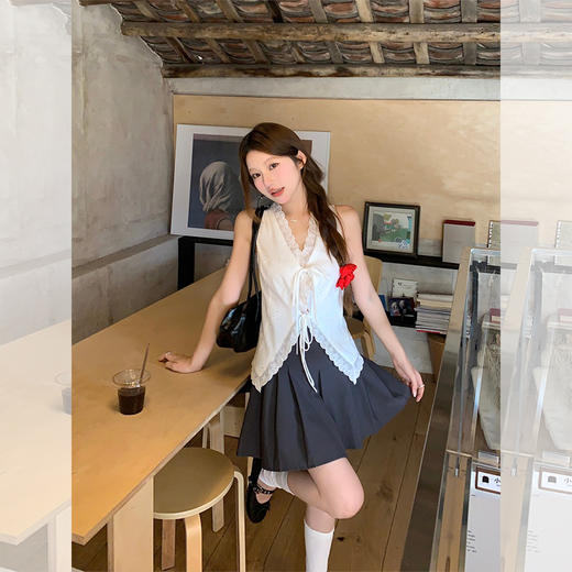 西遇蕾丝花边上衣女夏季新款法式拼接系带v领无袖背心衬衣SS050959 商品图1