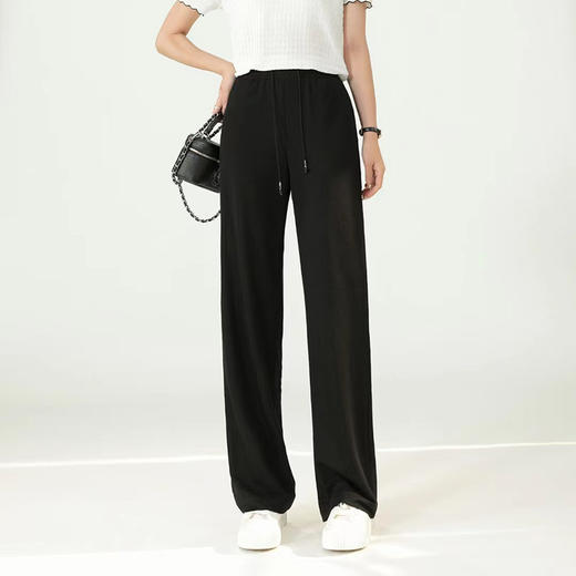 女裤春夏黑色松紧腰系带休闲直筒裤    AC-5K7231 商品图1