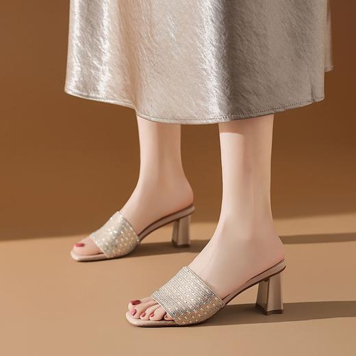 【羊皮内里】拖鞋25夏新款方头露趾粗跟时尚水钻高跟凉拖-BB 商品图3