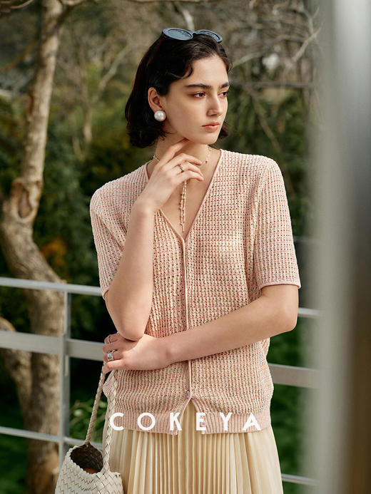 幻彩羽鳞衫康宝莱亚麻珠片宽松V领短袖针织衫 商品图8