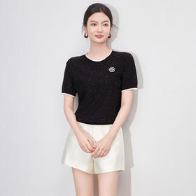 「高货wl」全新升级【铂金会员220/天猫289/差价69】(04448)洛诗琳撞色圆领山茶花短袖上衣16针密织超细冰丝纱针织衫