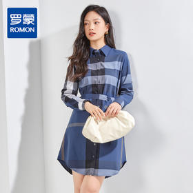 【袖子可收起】罗蒙夏季连衣裙女士休闲百搭时尚衬衫裙时髦格纹收腰显瘦裙子
