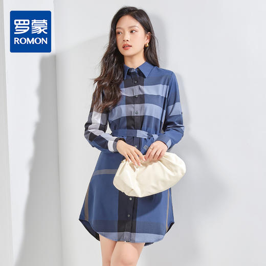 【袖子可收起】罗蒙夏季连衣裙女士休闲百搭时尚衬衫裙时髦格纹收腰显瘦裙子 商品图0