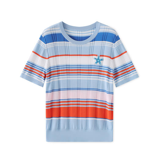 「高货wl」全新升级【铂金会员220/天猫299/差价79】(04637) 洛诗琳冰丝彩虹条16针密织宽条超细兰精天丝针织T恤上衣 商品图4