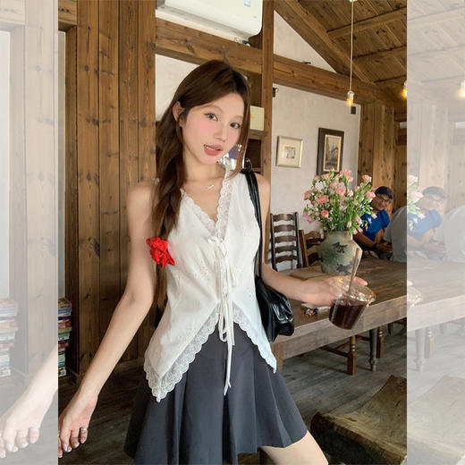 西遇蕾丝花边上衣女夏季新款法式拼接系带v领无袖背心衬衣SS050959 商品图2