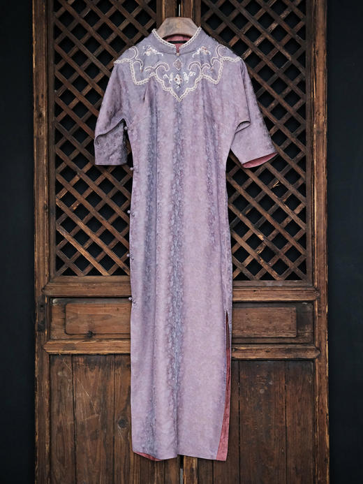 盛唐牡丹|香云纱手绣如意领古法旗袍裙-紫粉 商品图0