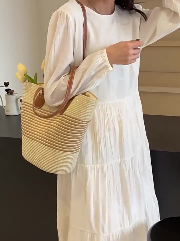【E】新款草编包女夏季手提包海边托特包大容量编织单肩包高级感水桶包