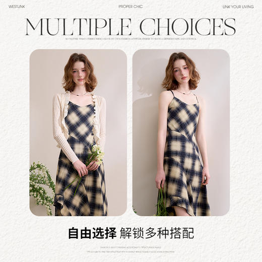 西遇格子吊带连衣裙女新款v领复古a字法式收腰长裙D0050486 商品图2