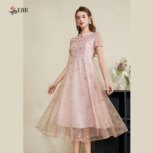 司歌蕾丝绣花仙气短袖收腰连衣裙中长裙A911129X 商品图0