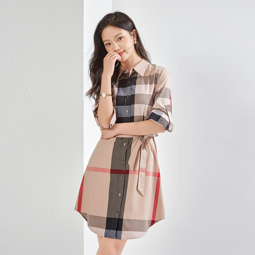 【袖子可收起】罗蒙夏季连衣裙女士休闲百搭时尚衬衫裙时髦格纹收腰显瘦裙子 商品图6