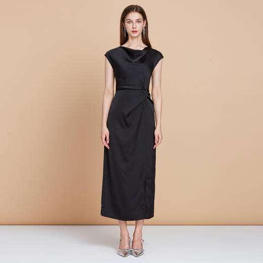 EITIE爱特爱法式荡领连肩袖百搭腰部扭结褶皱连衣裙2025夏季新款B2507664 商品图3