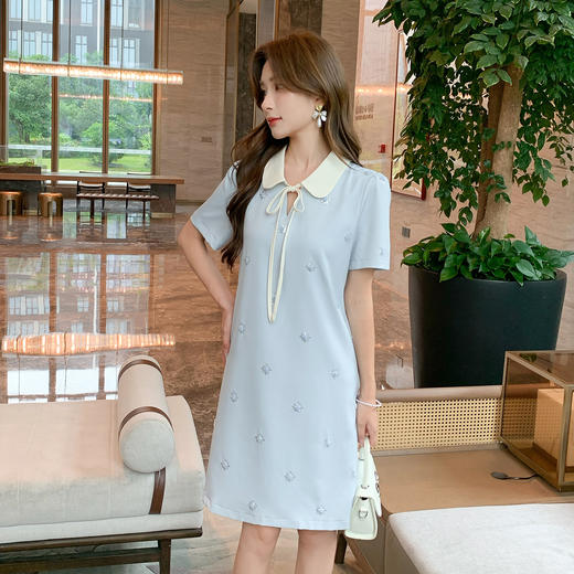 奢姿大码女装2025夏季减龄蝴蝶结绑带时尚裙子胖妹妹娃娃领连衣裙9952835058 商品图1