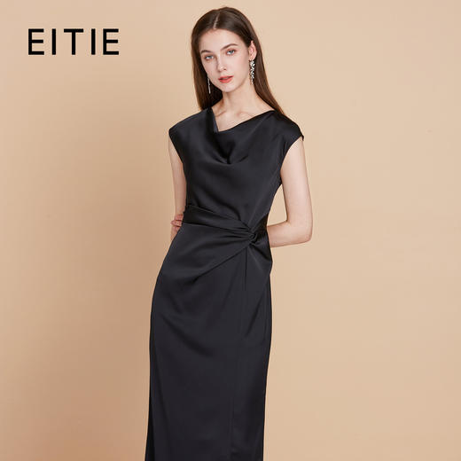 EITIE爱特爱法式荡领连肩袖百搭腰部扭结褶皱连衣裙2025夏季新款B2507664 商品图0
