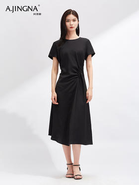 【慵懒随性】阿菁娜亚麻立体捏褶收腰短袖连衣裙F30X212058