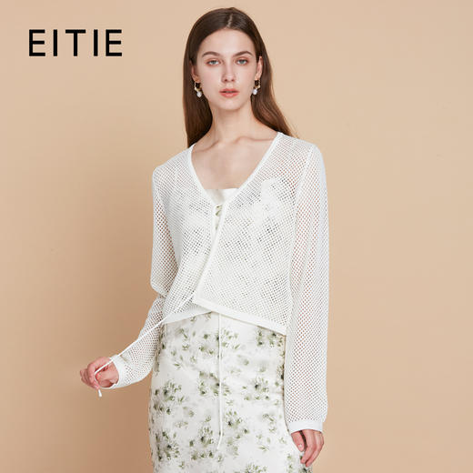 EITIE爱特爱网眼V领显瘦短款长袖针织罩衫纯色百搭2025夏季新款B2501608 商品图1