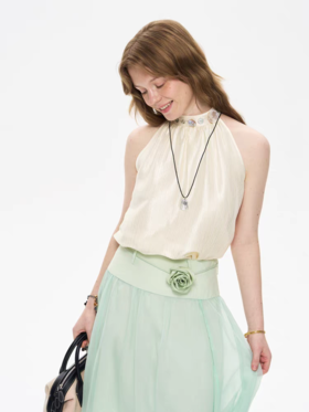 local tag/It25ssk57/ 月光海滩贝扣装饰无袖挂脖上衣