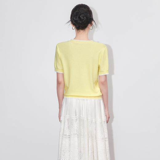 「高货wl」全新升级【铂金会员220/天猫289/差价69】(04448)洛诗琳撞色圆领山茶花短袖上衣16针密织超细冰丝纱针织衫 商品图3