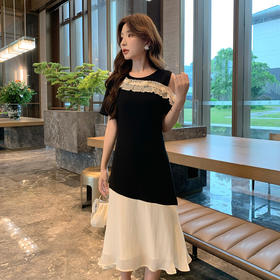 奢姿大码女装2025夏季减龄花边拼接设计连衣裙胖妹妹时尚露肩裙子9952890448