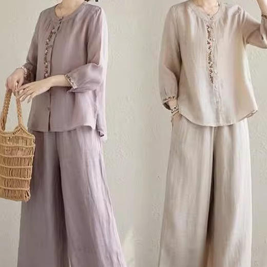 裁缝学苑AQ483复古新中式中国风刺绣衬衣宽松休闲阔腿裤两件套春 商品图1