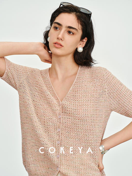 幻彩羽鳞衫康宝莱亚麻珠片宽松V领短袖针织衫 商品图3