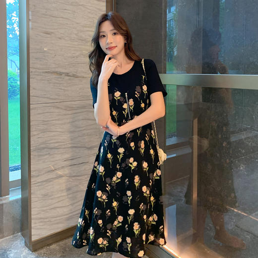 奢姿大码女装2025夏季新款胖妹妹时尚减龄花卉印花假两件连衣裙9952802945A 商品图2