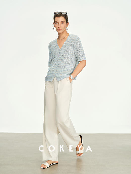 幻彩羽鳞衫康宝莱亚麻珠片宽松V领短袖针织衫 商品图12