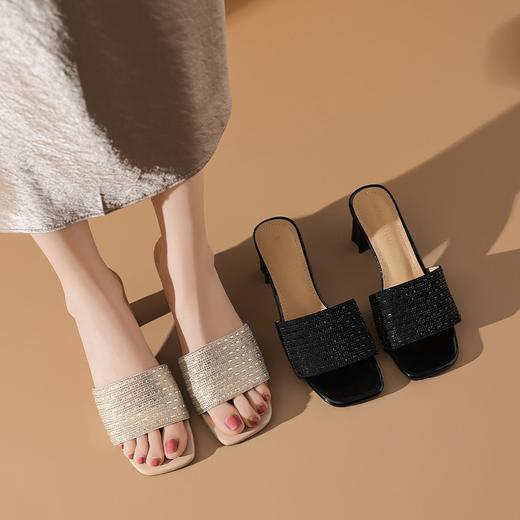 【羊皮内里】拖鞋25夏新款方头露趾粗跟时尚水钻高跟凉拖-BB 商品图5