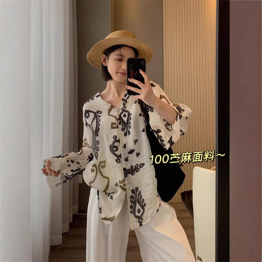 100苎麻！2025夏季文艺复古印花衬衫宽松慵懒风苎麻小衫女款！ 商品图0