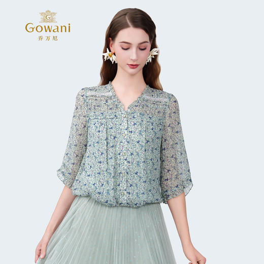 乔万尼2025夏季新品100%真丝印花V领宽松衬衫上衣ED2C531 商品图3