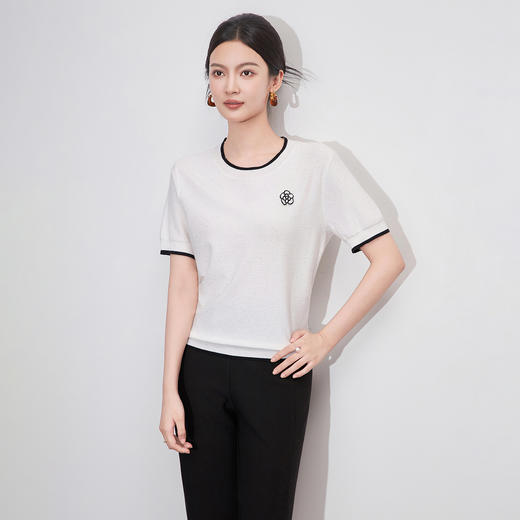 「高货wl」全新升级【铂金会员220/天猫289/差价69】(04448)洛诗琳撞色圆领山茶花短袖上衣16针密织超细冰丝纱针织衫 商品图2