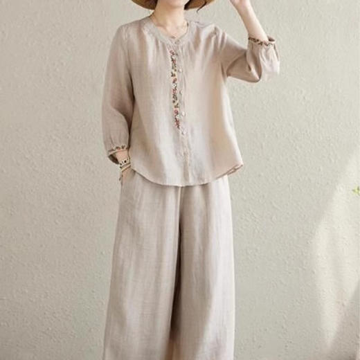 裁缝学苑AQ483复古新中式中国风刺绣衬衣宽松休闲阔腿裤两件套春 商品图2