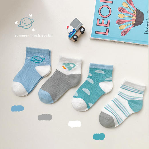 四双装！【网眼设计透气清爽，卡通图案可爱俏皮！】儿童袜子夏季薄款 网眼袜格纹儿童短袜 卡通可爱精梳棉男女童袜子-QQ 商品图13