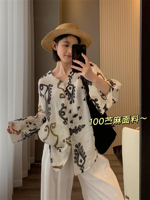 100苎麻！2025夏季文艺复古印花衬衫宽松慵懒风苎麻小衫女款！ 商品图5