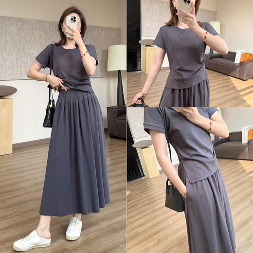 重塑腰线松弛套装裙！2025遮肉收腰开叉短袖T垂感口袋A字裙T裙 商品图1