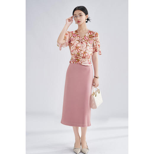 【休闲套装】2025夏季时尚真丝印花泡泡袖衬衫显瘦直筒半身裙3733 商品图2