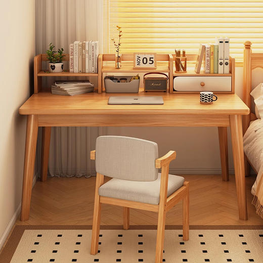 【臻选实木 简约美学习桌📚】臻选实木稳固更健康 不晃的学习神器！实木写字桌+书架一体，15分钟轻松安装✨书桌书架一体桌学生家用学习写字桌卧室台式电脑桌实木腿 办公桌子 商品图0