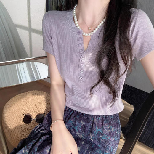 真丝羊毛！瘦瘦针织T！2025单排扣半开襟细坑条圆领短袖女夏新款！ 商品图0