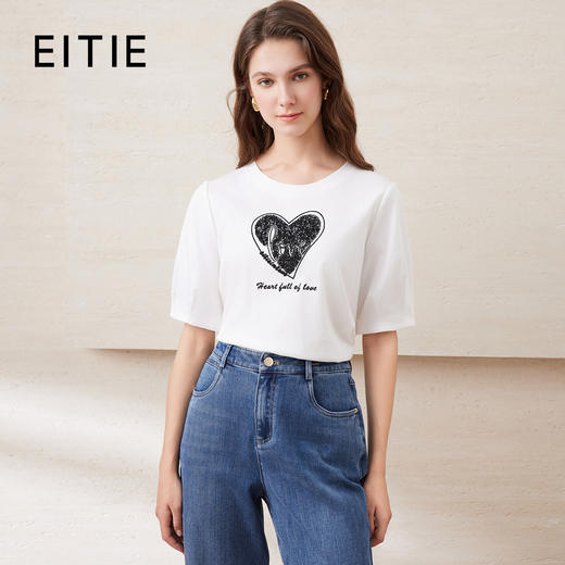EITIE爱特爱夏季新款圆领亮片刺绣印花短袖纯棉T恤上衣女7702403 商品图1