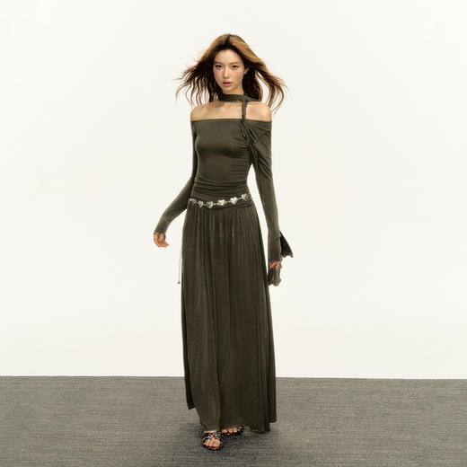 Ariseism  美式复古设计感气质斜肩中长款连衣裙女2025新款春秋裙子 商品图1