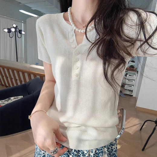真丝羊毛！瘦瘦针织T！2025单排扣半开襟细坑条圆领短袖女夏新款！ 商品图1