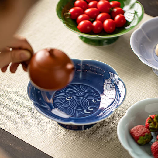 【高脚海浪六瓣盘】中式禅意茶点盘高脚点心盘家用陶瓷干果坚果托盘精致水果盘子 商品图3